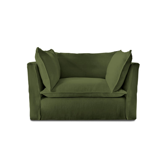 Coco Loveseat with Self Piped Knife Edge cushion in Cotton Linen Evergreen - Made to Order