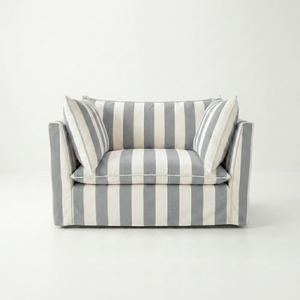 Coco Loveseat with Self Piped Knife Edge cushion in Stripes Garden Grey - Made to order
