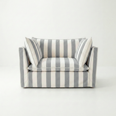 Coco Loveseat with Self Piped Knife Edge cushion in Stripes Garden Grey - Made to order