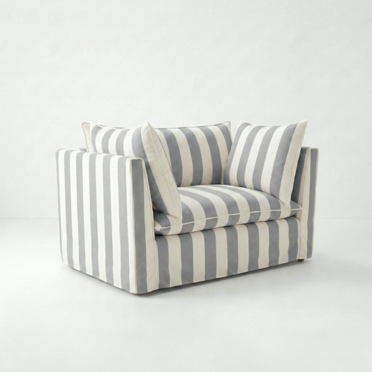 Coco Loveseat with Self Piped Knife Edge cushion in Stripes Garden Grey - Made to order