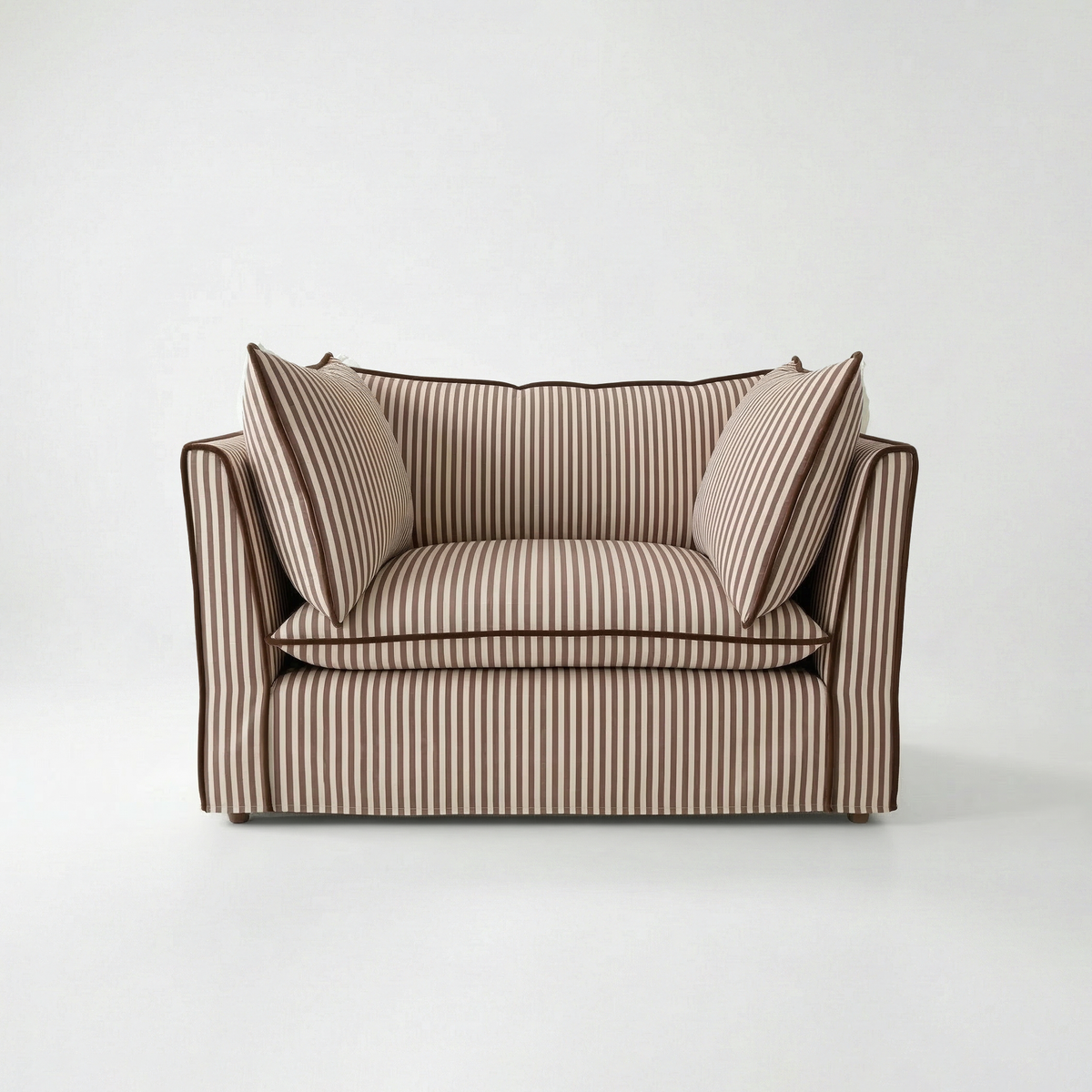 Coco Loveseat with Self Piped Knife Edge cushion in Narrow Chocolate Stripes - Made to order
