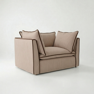 Coco Loveseat with Self Piped Knife Edge cushion in Narrow Chocolate Stripes - Made to order