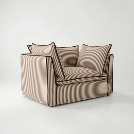 Coco Loveseat with Self Piped Knife Edge cushion in Narrow Chocolate Stripes - Made to order