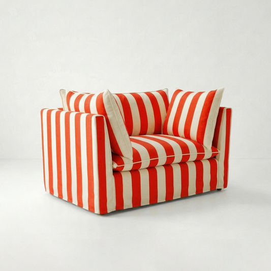 Coco Loveseat with Self Piped Knife Edge cushion in Stripes Petunia - Made to order