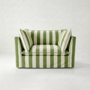 Coco Loveseat with Self Piped Knife Edge cushion in Spring Green Stripes - Made to order
