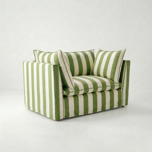Coco Loveseat with Self Piped Knife Edge cushion in Spring Green Stripes - Made to order