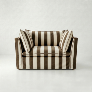 Coco Loveseat with Self Piped Knife Edge cushion in Chocolate Stripes - Made to order