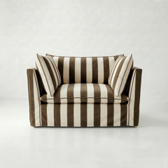 Coco Loveseat with Self Piped Knife Edge cushion in Chocolate Stripes - Made to order