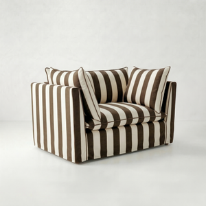 Coco Loveseat with Self Piped Knife Edge cushion in Chocolate Stripes - Made to order