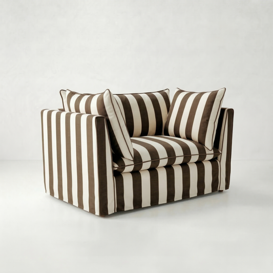 Coco Loveseat with Self Piped Knife Edge cushion in Chocolate Stripes - Made to order