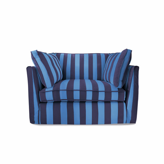 Coco Loveseat with Self Piped Box Edge cushion in Coastal Blue Stripes - Made to order (Available for quick ship)