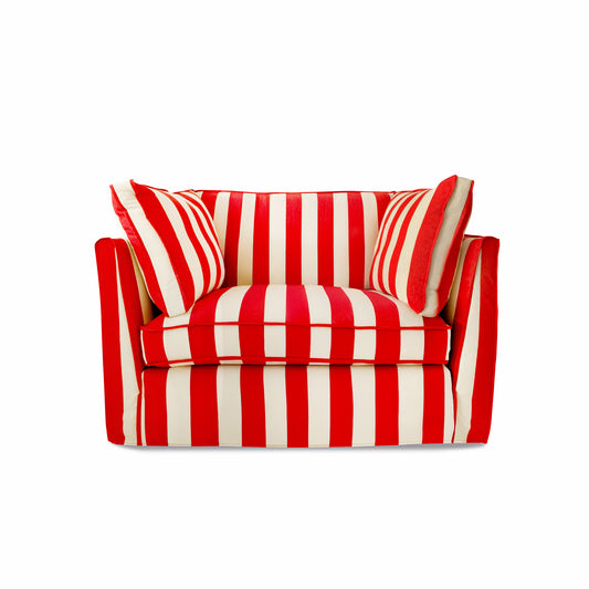 Coco Loveseat with Self Piped Box Edge cushion in Stripes Petunia - Made to order