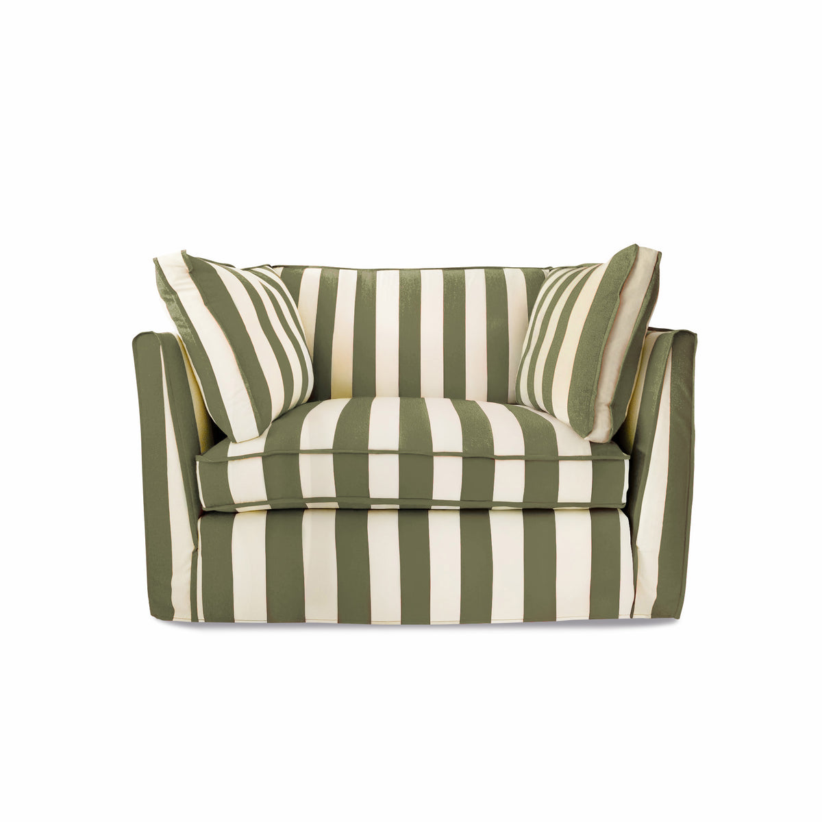 Coco Loveseat with Self Piped Box Edge cushion in Spring Green Stripes - Made to order