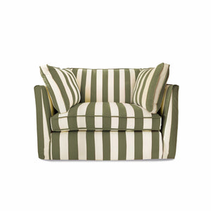 Coco Loveseat with Self Piped Box Edge cushion in Spring Green Stripes - Made to order