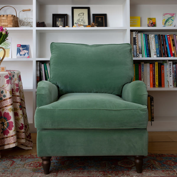 Isobel Armchair with Flat Back in Sea Green Velvet - Available for quick ship