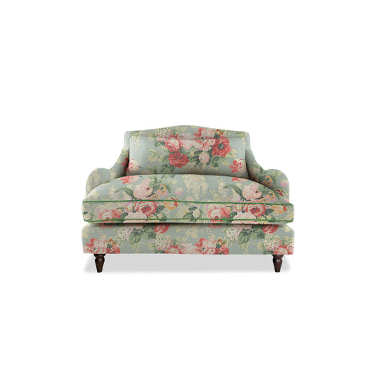 Felix Loveseat in Natural Linen English Garden Grey Skies with Velvet Trim