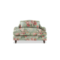 Felix Loveseat in Natural Linen English Garden Grey Skies with Velvet Trim
