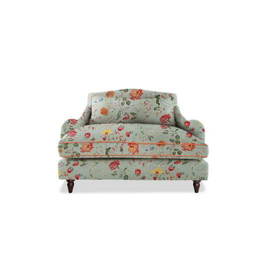 Felix Loveseat in Natural Linen Wildwood Duck Egg with Velvet Trim