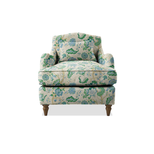Isobel Armchair with Fixed Back in Natural Linen Kitty Blue Green