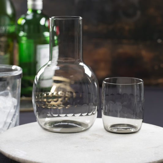 Smoky Carafe Set and Glass with Lens Design by Vintage List