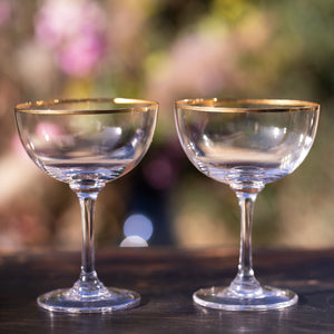 Six Champagne Saucers with Gold Rims by Vintage List