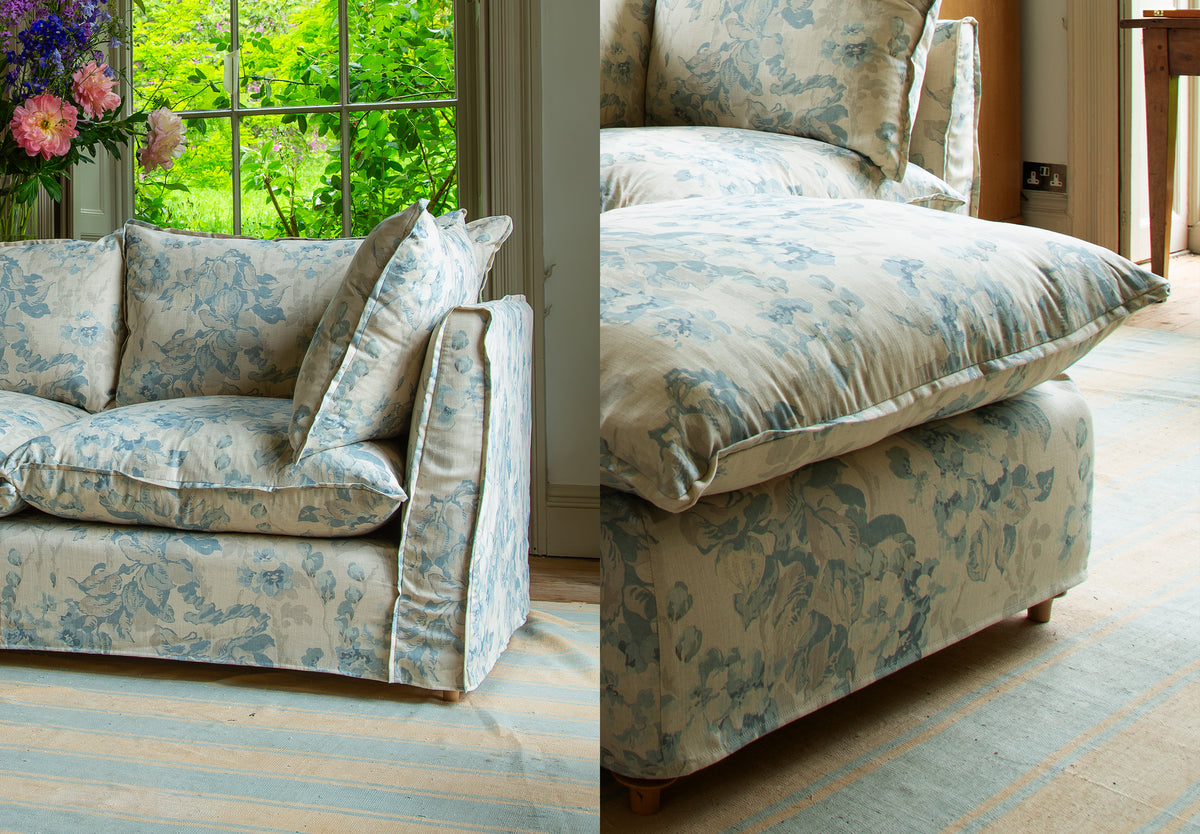 Coco 2.5 seater sofa with Self Piped Knife Edge cushion in Andrew Martin Midsummer Faded Blue
