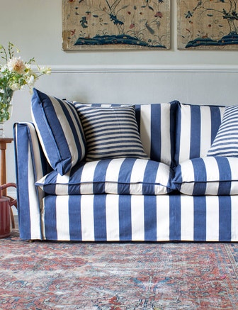 Coco 3.5 seater sofa with Self Piped Knife Edge cushion in Stripes Sea Holly - Made to Order