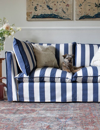 Coco 2.5 seater sofa with Self Piped Knife Edge cushion in Stripes Sea Holly - Made to Order