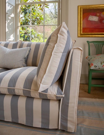 Coco 3 seater sofa with Self Piped Knife Edge cushion in Stripes Garden Grey - Made to Order
